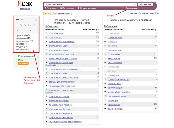 Подбор слов в Yandex.wordstat.