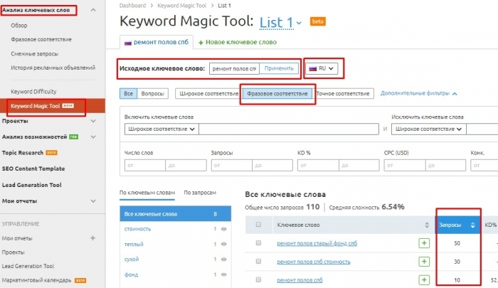 Собираем ключевые слова через сторонний сервис Semrush Сбор кс через Semrush